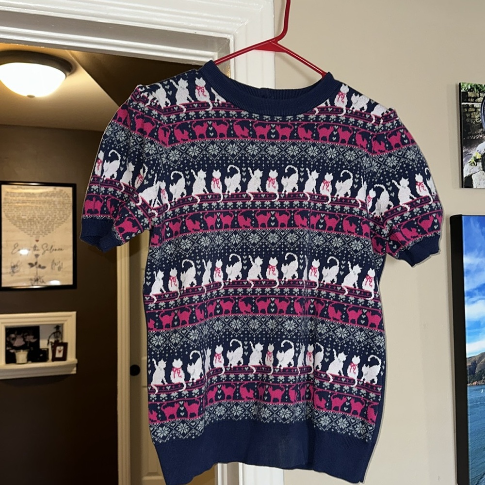 NWT XL fits more like a 10/12. Cats and hearts, short sleeve sweater.